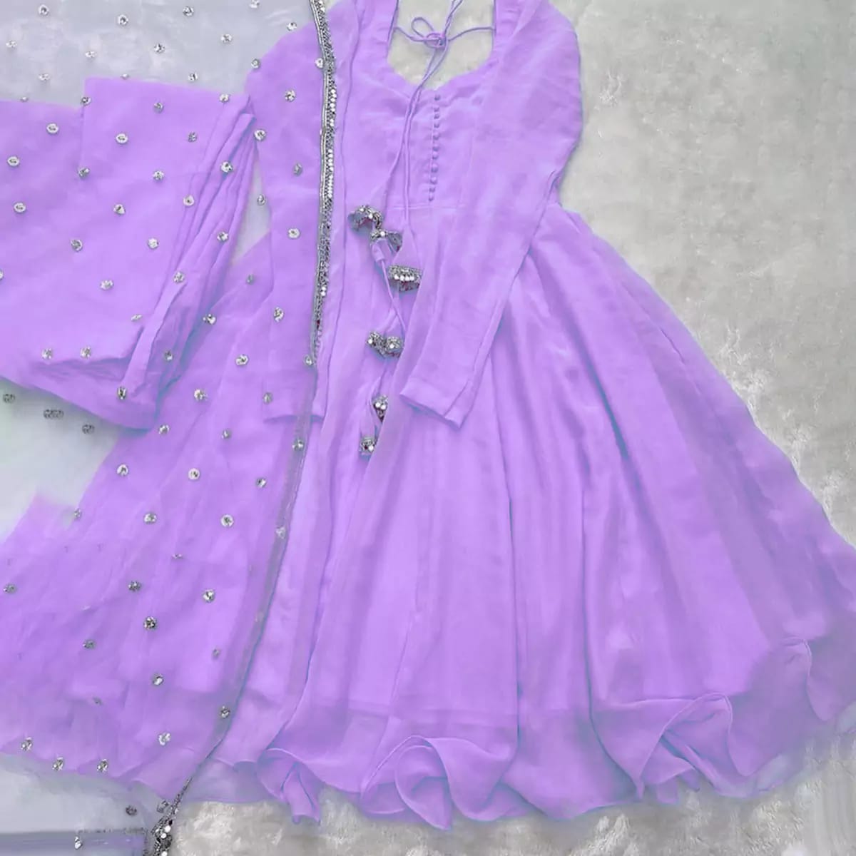 3pc V Neck Long Sleeves Maxi With Handwork And Lace Attached On Dupatta 3Pcs